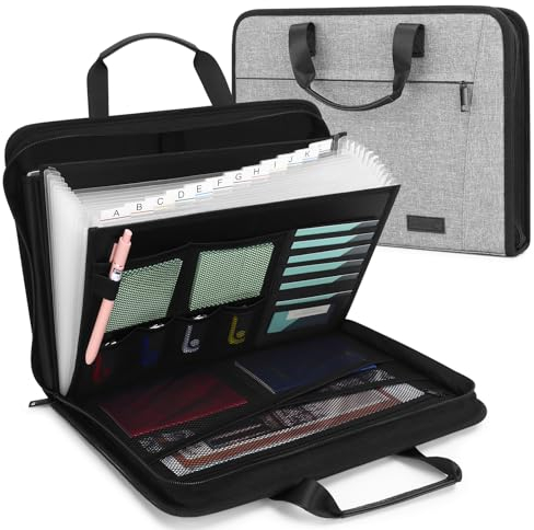 Uquelic Dokumentenmappe A4 mit Griff, Document Organizer mit 12 Fächern und mehreren Fächern, Erweiterbare Aktenordner für Büro Hause Schule (Grau)