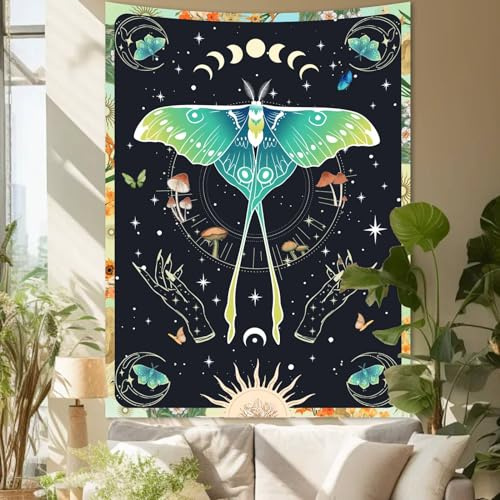 Apdidl Kleiner Motten-Tapisserie-Wandbehang für Schlafzimmer, ästhetisch, Boho, Retro, Sonne, Mond, Schmetterling, Wandteppich, schwarze Luna, Motte, Sonne, Vintage-Pilz-Poster für Wohnzimmer