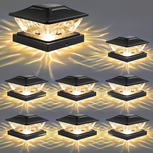 BHSMLQ 8 Pack Solar Post Cap Lights,2 Modes Outdoorsolar Fence Post Lights for 4x4 4.5x4.5 5x5 Wooden Vinyl Posts,Solar Powered Deck Post Lights for Front Porch Patio Decor (Black), BHSMLQ-23