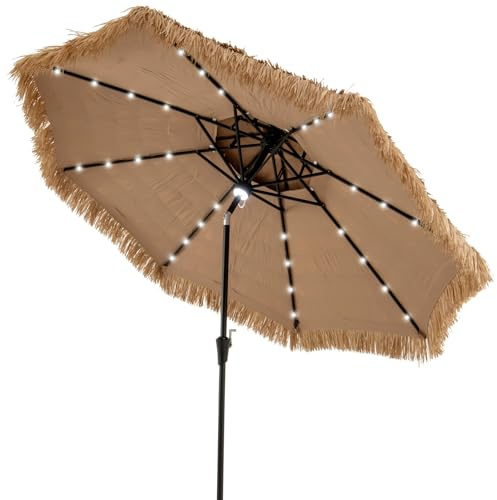 GYMAX Ombrellone da Spiaggia Pieghevole 2 M, Ombrellone di Paglia con 8 Stecche, Struttura in Metallo, Ombrello con Direzione Regolabile, Arredo da Esterno (Naturale/D.2,9 x H.1,9M)