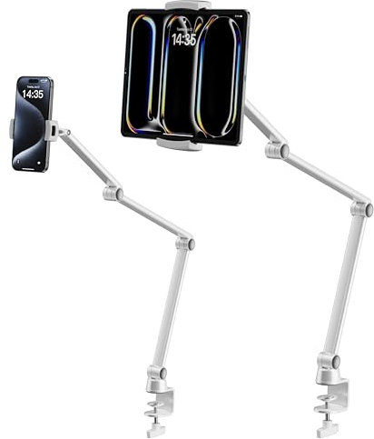 LULULOOK Tablet Halterung Bett, Aluminum iPad Halterung Bett mit Dehnbar Langer Arm, Einstellbar Kindle Halterung 2 Clips Tisch Ständer für iPad Pro 13/iPhone 17 Pro Max/Galaxy Tab S11, 3.5-13