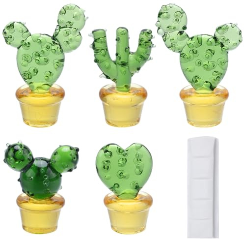 GORGECRAFT 5PCS Handmade Blown Glass Cactus Miniature Crystal Art Cactus Figurines Mini Simulation Flower Plant Collection Decorations for Home Office Desk Tabletop Car Inner Dashboard Ornaments