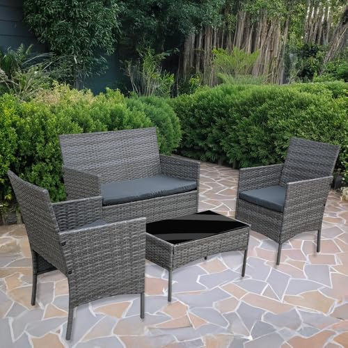 shine planet 4 Seater Garden Patio Furniture Set Rattan Garden Furniture with sponge padded water resistant cushions and Tempered Glass Table good for Garden, Backyard (Mixed Grey+Dark Grey Cushions)