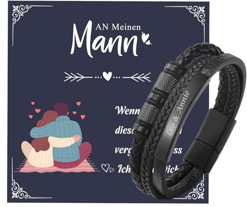 VNOX Personalisierte Armband Herren Schwarz Lederarmband : Geschenk für Ihn Freund Männer Gravur Armbänder Geflochten Echtes Leder Armband Mode-schmuck für Papa Sohn Ich Liebe Dich Schmuck Geschenk