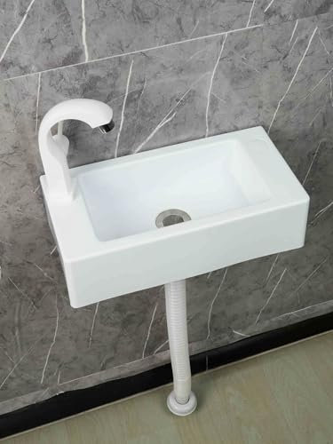 XRB2050 Lavabo da Bagno, 40x20x11cm/15.7x7.9x4.3inch Mini Lavabo in Resina, Lavabo da Parete Rettangolare per Bagno Guardaroba WC Bianco A - Rubinetto dell'acqua Fredda Singolo