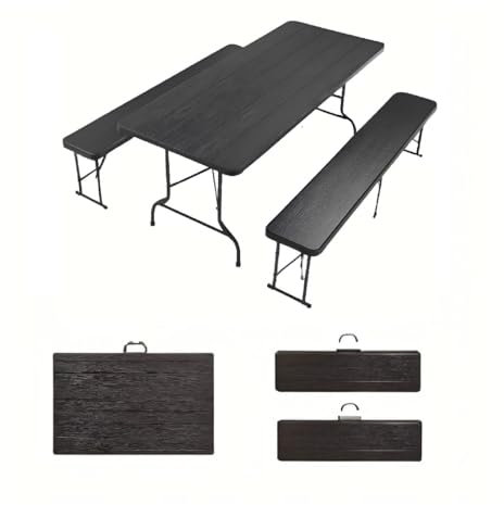 sinlikon Ensemble Table Pliante à Manger de Jardin et 2 Bancs Pliant,Table Pliante Exterieur pour Camping,Pique-Nique.Robuste,Stable,Étanche,Noir (Table*1+Bancs*2)
