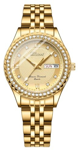 JewelryWe Paar Uhren Quarz Analog Partner Freundschafts Armbanduhr Datum Kalender Edelstahl Armband Uhr mit Beleuchtenden Zeiger und Strass rundem Zifferblatt, Geschenk für Herren Damen, Gold