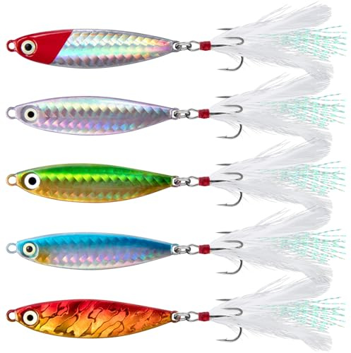 Dr.Fish Set of 5 Metal Sea Fishing Lure 20g/30g Jig Spoons for Beach Casting Spinner Slow Sinking Tackle for Mackerel Cod Sea Bass Pike Freshwater Saltwater