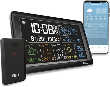 EMOS GoSmart - WiFi-Wetterstation mit Funk-Außensensor und App - Farbdisplay, 5-Tage-Wettervorhersage, Thermometer, Hygrometer, Uhr - Tuya, Smartlife kompatibel - inkl. Netzteil, Wand-/Tischhalterung