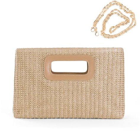 Long Keeper Straw Clutch Handbags - Women Top Handle Clutch Evening Bag Raffia Woven Summer Beach Purse Travel Crossbody Shoulder Bag with Chain
