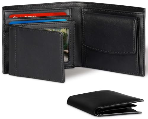 BAISHUNFU Men's Genuine Leather Bifold Wallet with RFID Blocking, Multiple Credit Card Slots, Coin Pocket, Includes a Removable Photo Frame Card Holder That Can Be Used Separately (Black)