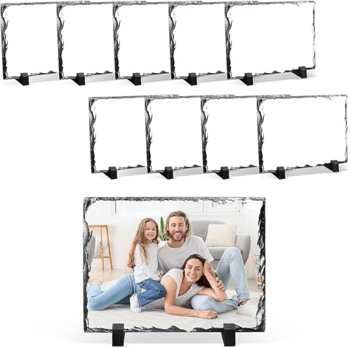 10 Pack Sublimation Slate Blank, Heat Thermal Transfer Rock Stone Photo Frame, Personalized Rectangular Picture Stone with Display Holder for Desktop Souvenir DIY Gift (15 x 20 cm)