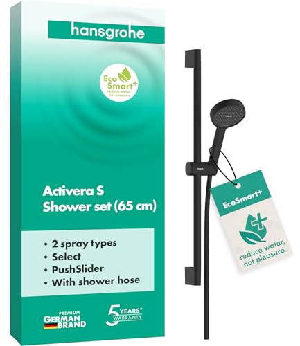 hansgrohe Activera Select S - Set de douche avec pommeau de douche (max. 6 l/min, EcoSmart+, 2 types de jets), tuyau de douche (1,60 m) et barre de douche (0,65 m), Noir mat, 28045670