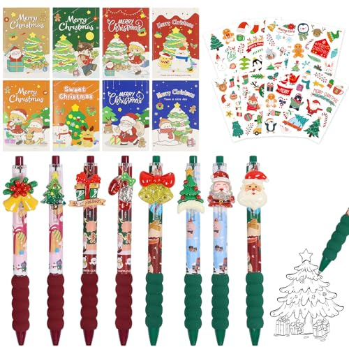 Booaee 24Stück Weihnachten Gelschreiber Set,Weihnachten Schreibwaren mit 8 Weihnachtsgel Stifte Cartoon+8 Kleine Notizblöcke +8 Aufkleber Weihnachten Füllung Geschenke Party Mitgebsel Weihnachtsfeier