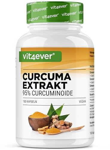 vit4ever Extracto de Cúrcuma de alta dosis - 180 Cápsulas - 500 mg de Curcumina por porción diaria - 95% de Curcumina – Premium Extracto de Kúrkuma high dose - Vegano, sin aditivos innecesarios