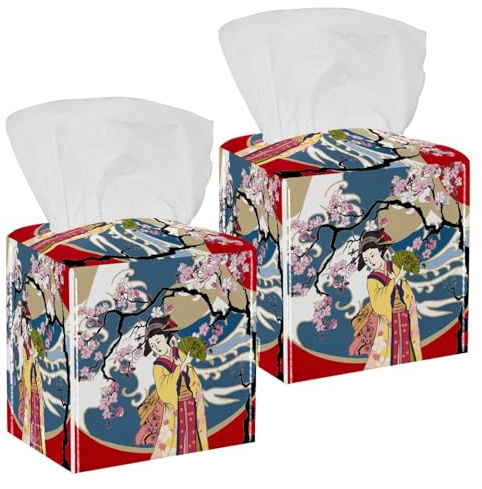 Lot de 2 boîtes à mouchoirs carrées japonaises en cuir pour femme - Kimono japonais en forme de fleur de cerisier - Distributeur de papier pour le visage - Distributeur de papier toilette - Commode