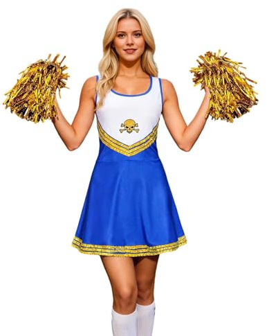 Zanisouta Costume de carnaval pour femme - Uniforme de pom-pom girl - Deux pièces - Sans manches - Crop top avec mini jupe - Ensemble de fête d'Halloween - Haut de danse et costume de danse, Q bleu