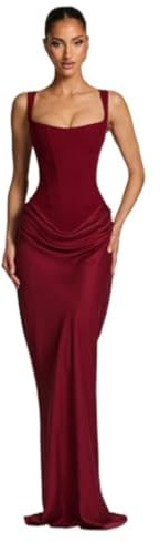 Abiti da ballo in raso, Abiti lunghi da sirena con scollo quadrato, abito da damigella d'onore, maxi abito 2026 con spalline sottili e scollo quadrato, bordeaux, S