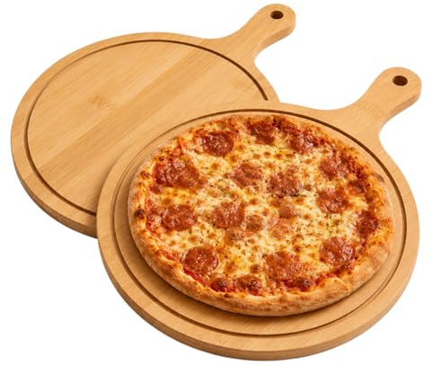 BYZESTY 2 stycken 30 cm pizzatallrik, trä, pizzabräda, rund skärbräda för pizza med handtag och juicespår, pizzatallrik, bambupizzabräda, serveringsbräda för pizza, foccacia eller bröd