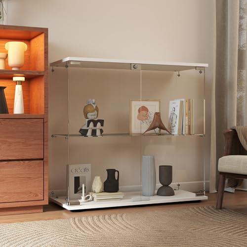 AUFHELLEN Glasvitrine Standvitrine in Weiss, 83x80,5x36,5CM Glas Vitrine | Modern Vitrinenschrank mit 2 Böden aus ESG für Küche, Flur Wohnzimmer Büro zur Aufbewahrung von Sammlerstücken Büchern Weinen