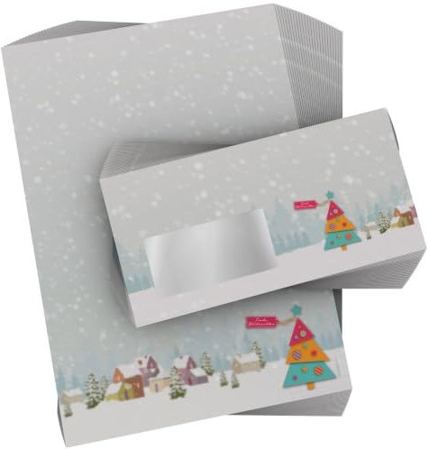 Weihnachtsbriefpapier mit FENSTER-Umschlag Buntes Tannenbäumchen 100 Blatt und 100 Fensterkuverts