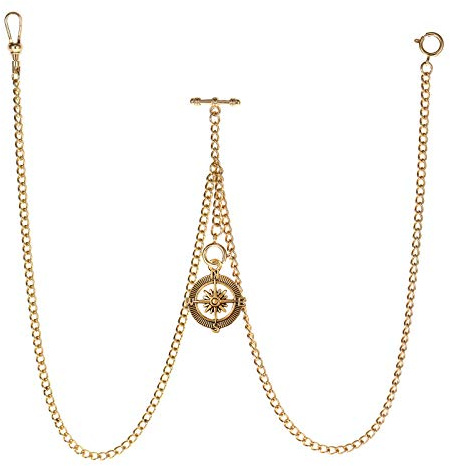 TREEWETO Men's Double Albert Chain Pocket Watch Curb Link Key Chain 3 Hooks with Antique Compass Gold Pendant Design Charm Fob T Bar