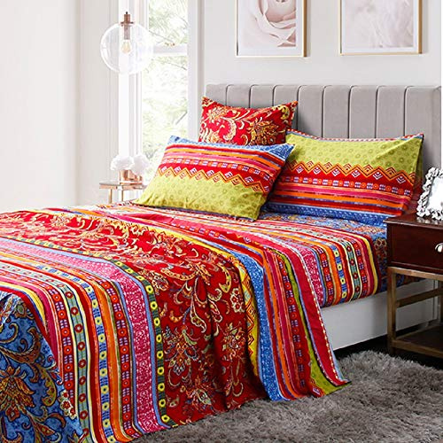 Lanqinglv Bohemian Spannbettlaken Bettlaken 120g/m² Indisch Mandala Mikrofaser Jersey Rot Blau Boxspringbett Spannbetttuch 140 x 200 cm bis 25-30 cm Steghöhe