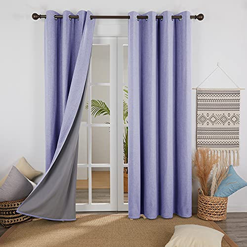 Deconovo Faux Linen Full Blackout Curtains Energy Saving 100% Blackout Curtains Bedroom Theraml Insulated Curtains for Livingroom with Coating Back Layer 52 x 54 Inch Light Purple 1 Pair