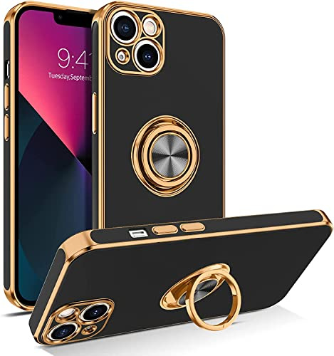 iPhone 11 Silicone Case for Women Girls iPhone 11 Phone Case with Ring Holder 360° Kickstand Slim Luxury Bling Plating Soft TPU Anti-Scratch Shockproof Bumper Phone Case for iPhone 11 - Black