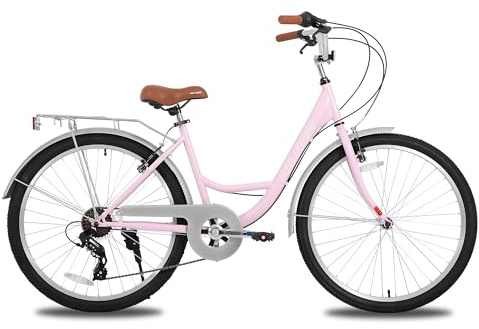 HH HILAND 26 inch Complete Beach Cruiser Bike for Adults, 7 Speed Step-Through Frame Womens Bicycle with Rear Rack, Retro Style Bike Commuter City Bicycle for Men, Pink