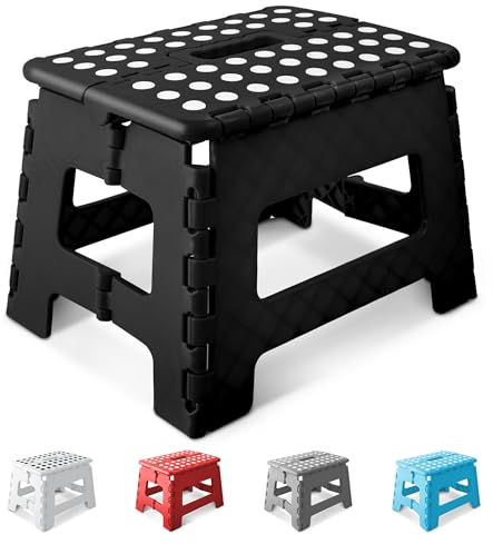 KEPLIN 9 Inch Heavy Duty Folding Step Stool | Non-Slip Foldable Footstool for Toddlers, Children & Adults | Portable, Lightweight Plastic Footstep w/Carrying Handle for Indoor or Outdoor (Black)