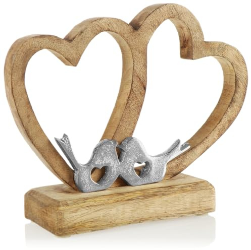 com-four® Deko-Aufsteller - Holzherzen mit Metall-Vögeln - Standfigur auf Mangoholz-Sockel - dekoratives Wohnaccessoire zum Hinstellen - Herzdeko (Herz Paar - Vögel)