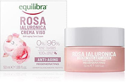 Equilibra Viso, Rosa Ialuronica Crema Viso Anti-aging a Base di Estratto di Rosa Damascena e Acido Ialuronico, Idratante e Levigante, Assorbimento Rapido, Non Unge, 50 ml