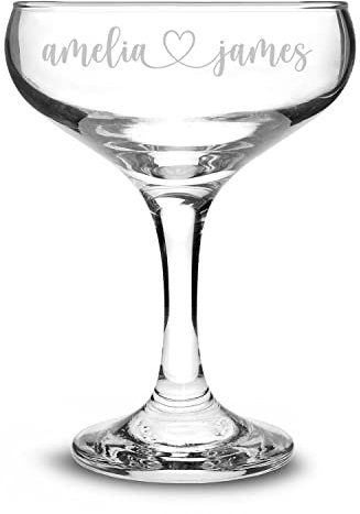 Personalised Champagne Coupe Cocktail Glass 235ml Names Heart Wedding Hen Do Birthday Vintage Saucer Bridesmaid Custom