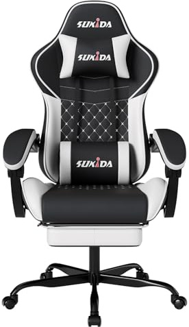 SUKIDA Chaise de Gaming - Ergonomique - avec Repose-Pieds - Inclinaison du Dossier réglable de 90° à 135° - Chaise d'ordinateur réglable en Hauteur avec Support Lombaire - Noir et Blanc