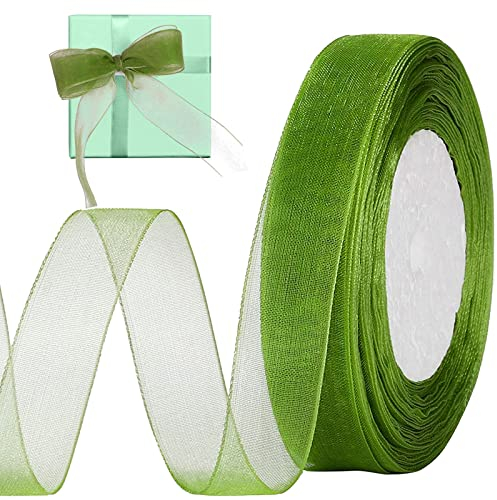 Organza Chiffon Geschenkband Grün, 2cm x 45m Organzaband Durchscheinende Breit Schleifenband Bänder Stoffband Geschenkverpackung Stoff Band für Hochzeit, Basteln und Geburtstag Dekoration