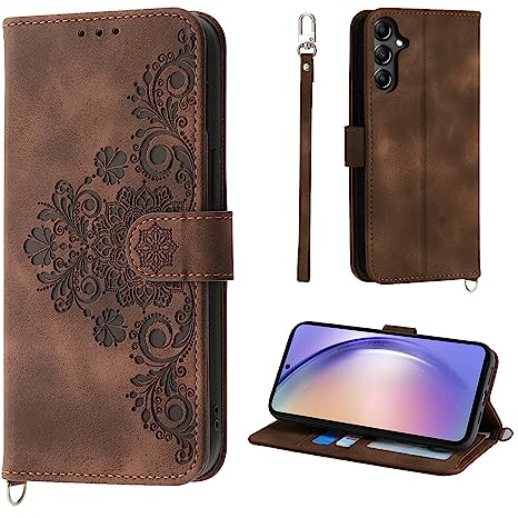 Auslbin Flower Samsung Galaxy A54 5G telefonfodral (2023) 6,5 tum, vintage stil PU-läder skyddsfodral Samsung Galaxy A54 mobilfodral, brun