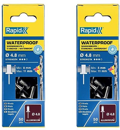 Rapid Blindnieten Wasserdicht Ø 4,8mm, 8-11mm Klemmbereich, 50 Stk. ALU Nieten, Set Inkl Bohrer, für blindnietzangen (Packung mit 2)