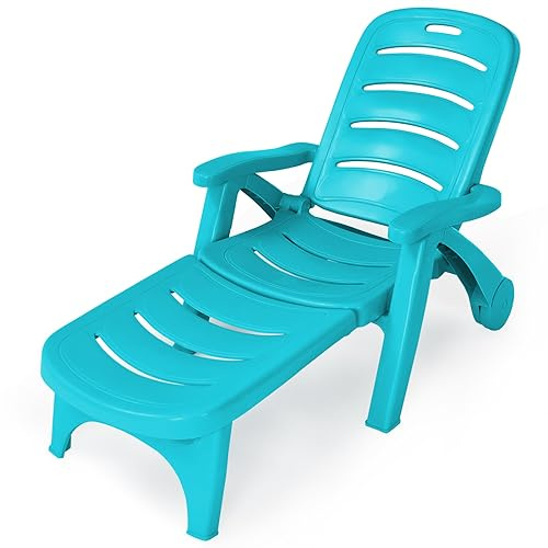 COSTWAY Bain de Soleil, Chaise Longue Jardin Exterieur Pliable Dossier Inclinable à 5 Positions avec Roues, Transat Jardin pour Terrasse, Jardin, Piscine, Charge 150 kg (Turquoise)