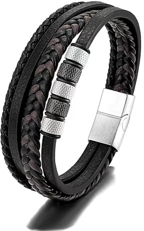 JSNOM Armband Herren Lederarmband Geschenke: Geflochten Leder Weihnachten Vatertag Valentinstag Geburtstagsgeschenk Liebesgeschenke Schmuck Geschenk für Freund Ehemann Papa Männer (Silber-21)