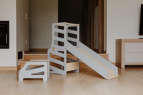 WECO Montessori Kinder Lernturm 3 in 1 Streifen Design mit Rutsche und Tritthocker FSC Zertifikat Schreibtisch Montessori Möbel Küchenhelfer klappbar Stylisch Lernturm (Grau)