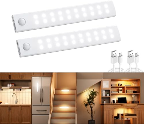 DALMALIN Under Cabinet Kitchen Lights,2 Pack 40 LED Motion Sensor Dimmable Cupboard Lights Indoor, Wireless USB Rechargeable Wardrobe Light with Magnetic Sticker for Kitchen,Closet,Stairs