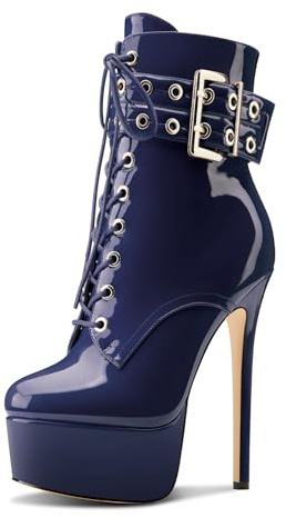 Aachcol Femmes Aiguille Haut High Talon Heel Plate-forme Bottines Rond Bout Lacets Fermeture à Glissière Mi Mollet Boucle Dress Bottes