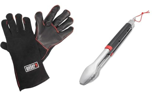 Weber 17896 Leder-Grillhandschuh, schwarz, 2 Stück (1er Pack) & 6317 Grillzange, Edelstahl, Schwarz/Silber