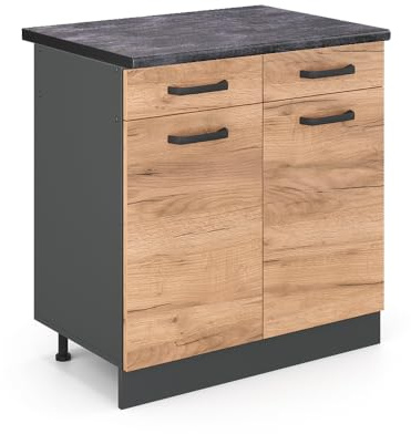 Vicco Küchenunterschrank R-Line, Goldkraft Eiche, 80 cm | 2 Schubladen · AP Anthrazit inkl. · Höhenverstellbare Füße · 2 Türen · ✓ Leichter Zugriff