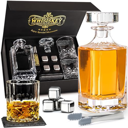 WHISISKEY Decantador de Whisky - Jarra de whisky - Decantador 700ml - Set de Regalo de Whisky - Regalos Originales para Hombres - 2 Vasos de Whiskey x 310ML, 4 Piedras de Whisky, Accesorios