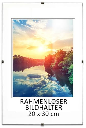 MG Design Rahmenloser Bilderrahmen, 20 x 30 cm - mit Clips, Acrylglas, HDF-Platte - zum vertikalen oder horizontalen Aufhängen/Aufstellen, Cliprahmen für Fotos, Poster, Puzzles