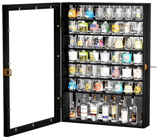 Tcatec 18x25 Inch Shot Glass Display Case with Removable Shelves, Wood Liquor and Shot Glass Display Cabinet with Bult-in Mirror Wall Mounted Storage Shelf Shadow Box with Lockable Acrylic Door
