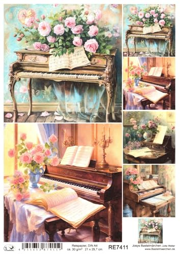 Josys Bastelmärchen Reispapier DIN A4 Strohseide Decoupage Vintage Noten altes Klavier Blumen RE7411