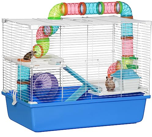 PawHut Gabbia per Criceti a 3 Livelli con Tubi, Casetta, Serbatoio dell'Acqua e Ruota, 59x36x47 cm, Blu e Bianco